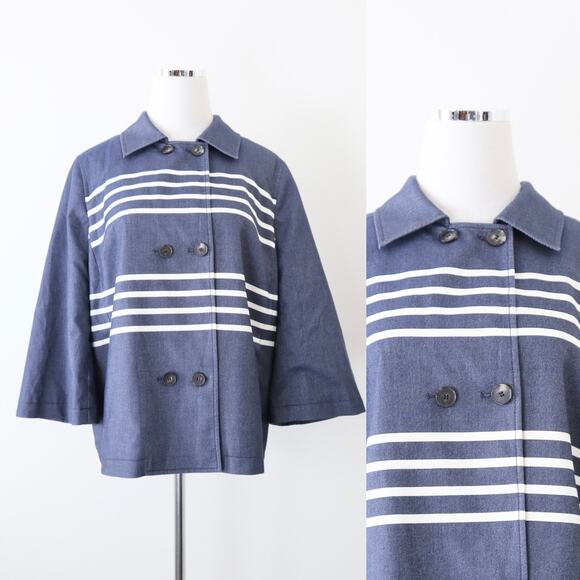 St. John Jackets & Blazers - St John Size M Double Breasted Short Swing Jacket Stripe Blue 3/4 Sleeve